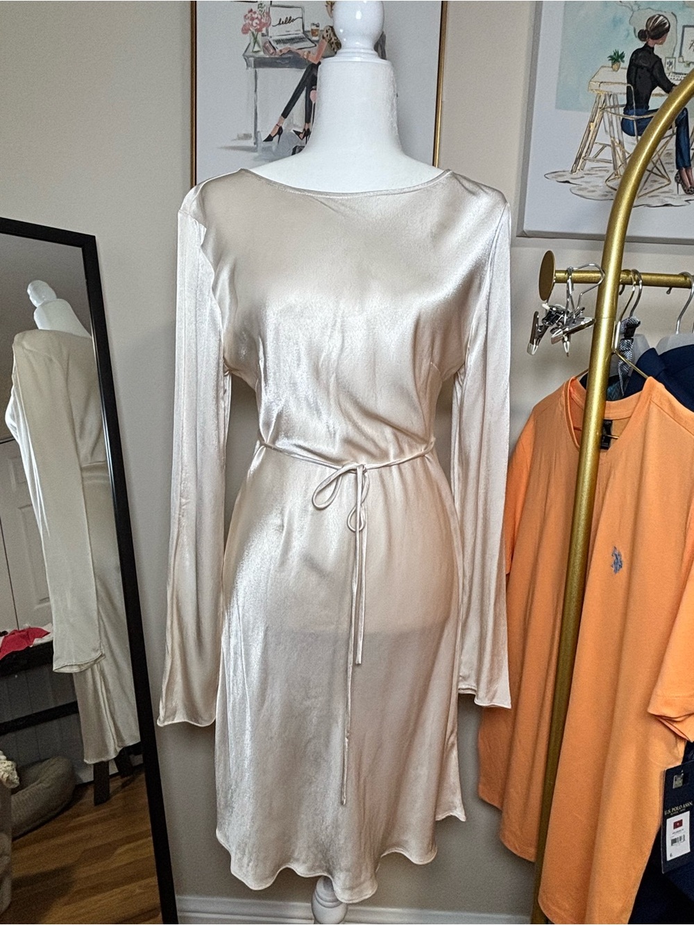 DISSH Champagne Satin Long Sleeve Tie Waist Midi Dress US 8